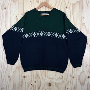 David Taylor 90's Vintage Sweater Mens M Green Blue V-Neck Argyle Cable Knit